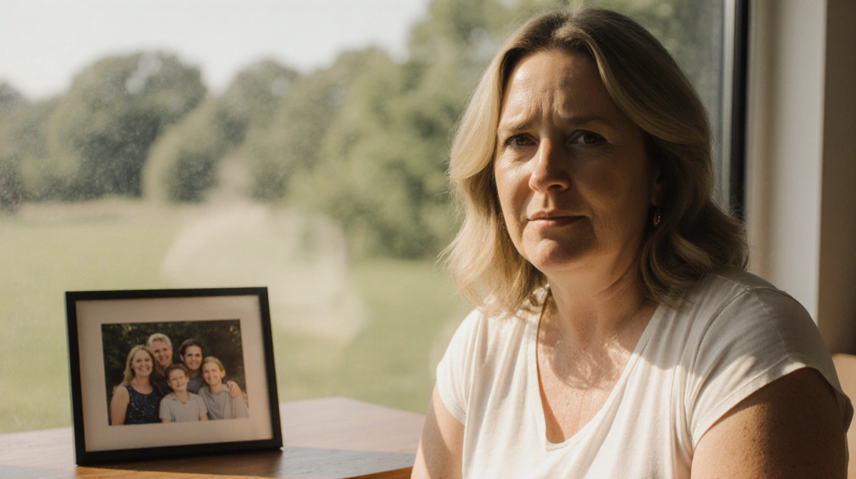 Teddi Mellencamp sits with family photo and shows strength and resilience with warm lighting