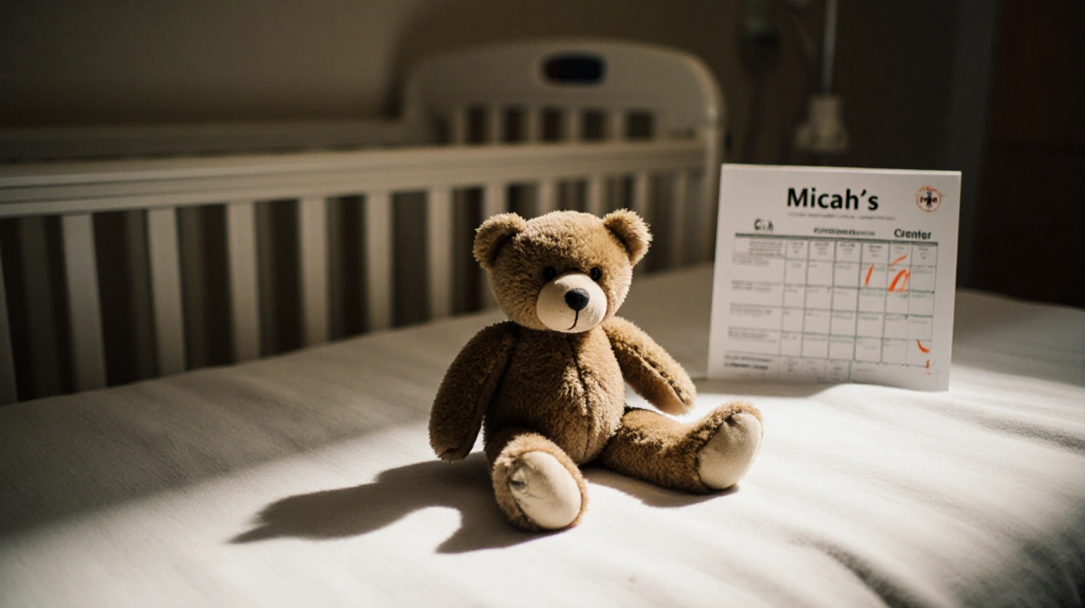 Teddy bear sits on hospital bed with medical chart showing Micah