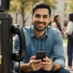 CEO Teddy Solomon smiles holding a smartphone with an old payphone and notebook in front of blurred students
