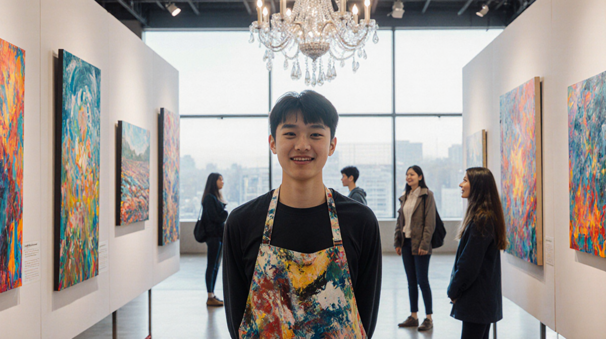 Young artist standing before art exhibit with vibrant colors and hopeful visitors and natural light.