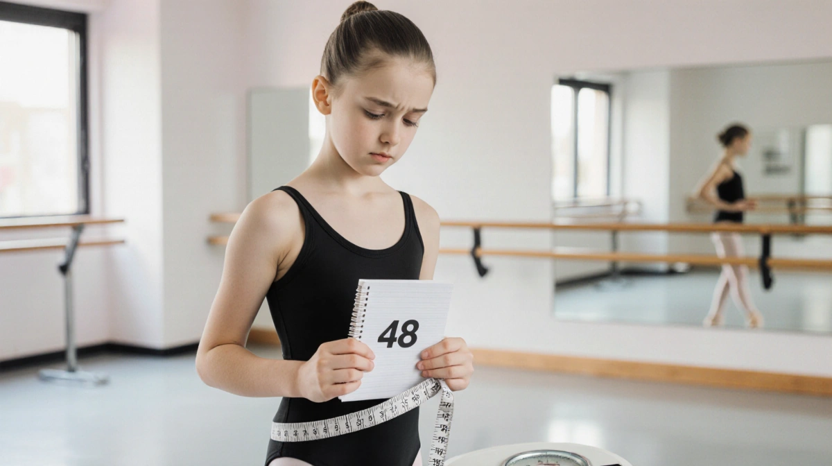 Teen ballerina standing on scale with weight loss journal showing 48 and anxious expression near ballet barre
