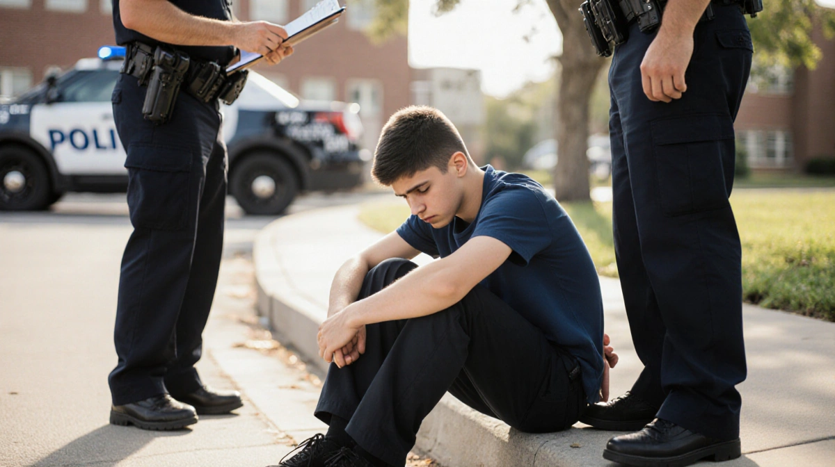 Teen driver sitting on curb with hands behind back while police officer stands nearby with clipboard showing traffic stop con