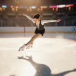 Young figure skater performing triple axel jump with arms extended and golden arena lights casting shadows on ice