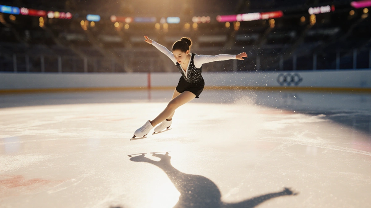 Young figure skater performing triple axel jump with arms extended and golden arena lights casting shadows on ice