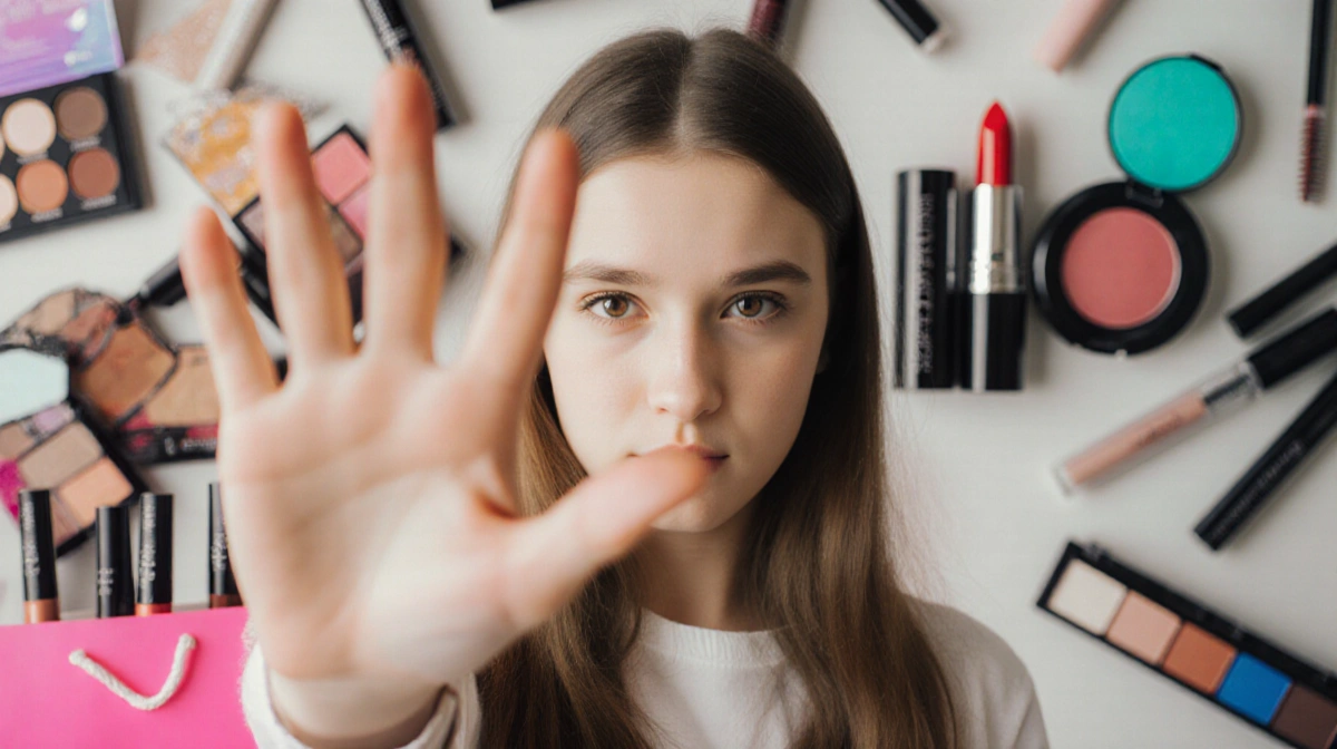 Teenage girl raising hand dismissively with colorful makeup products and shopping bag in background