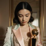 Teen girl holds Golden Globe trophy with stylish pastel outfit and warm lighting