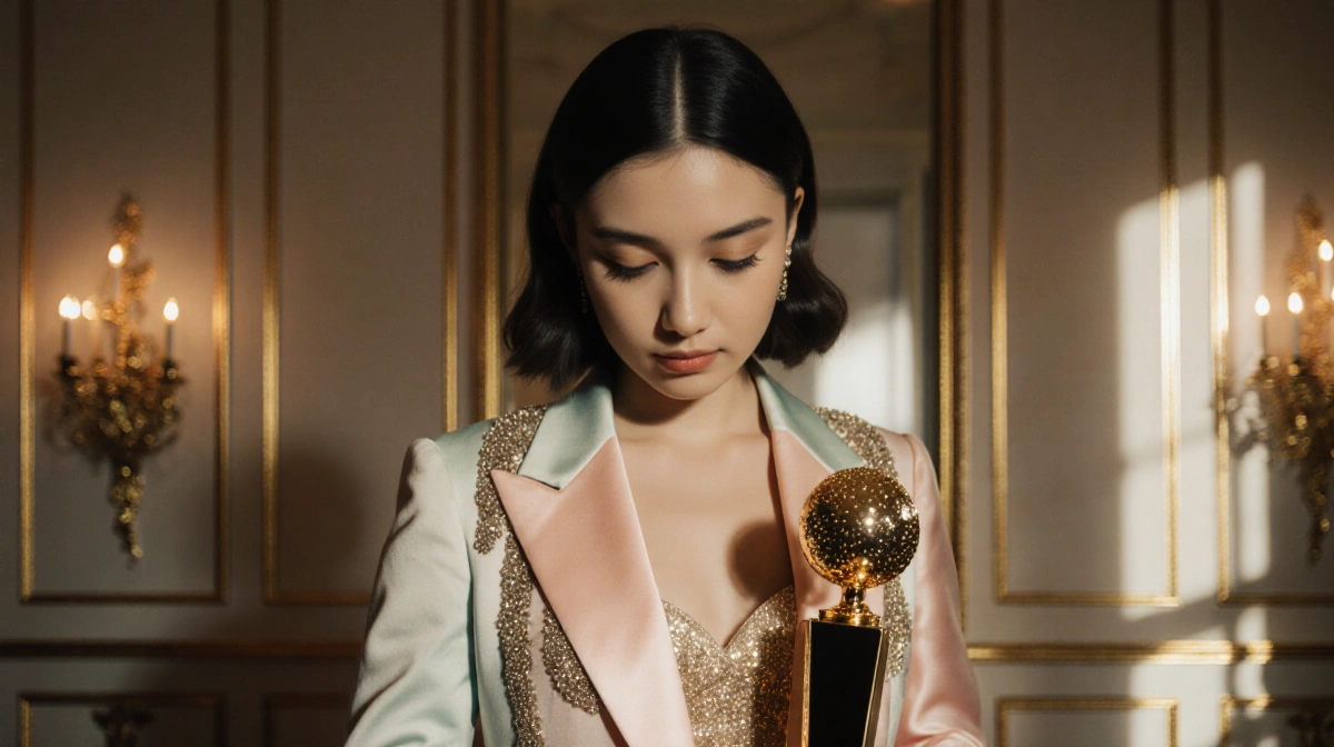 Teen girl holds Golden Globe trophy with stylish pastel outfit and warm lighting