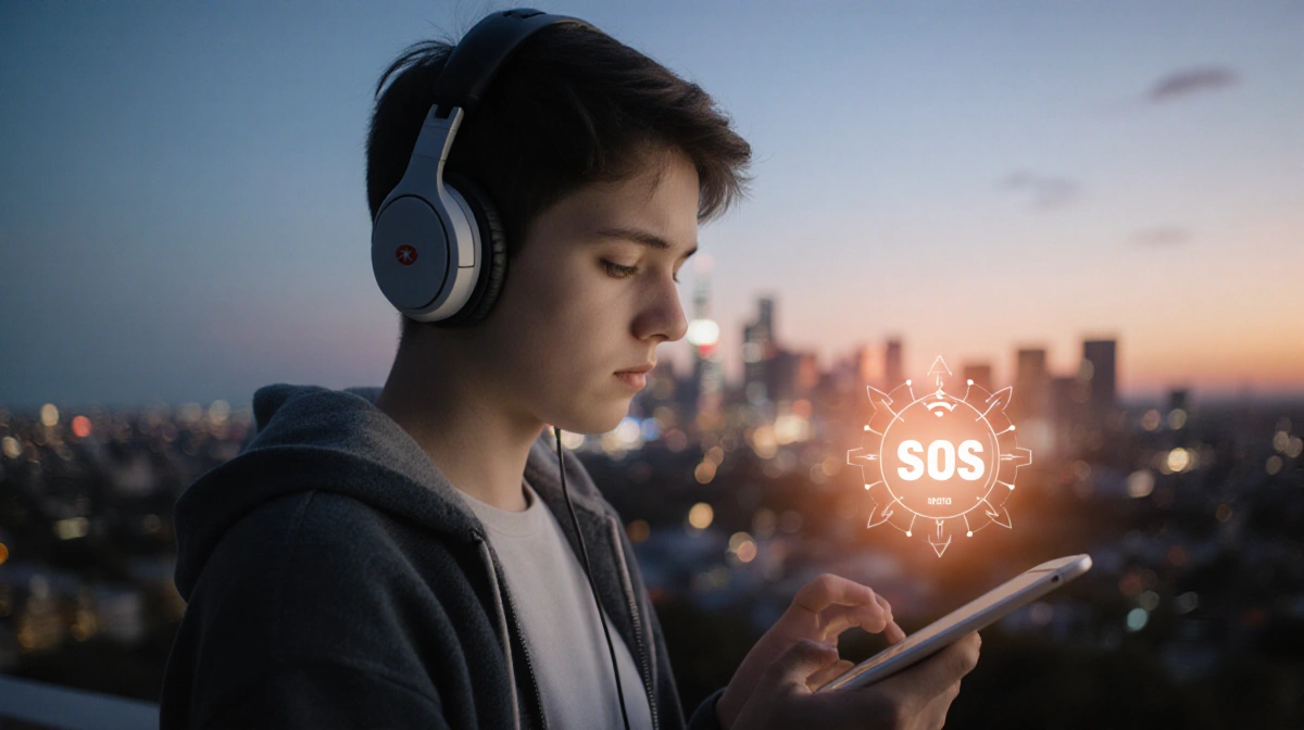 Young adult holding phone with emergency SOS alert and Canberra skyline blurred behind