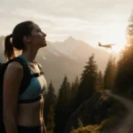 Young woman hiker standing on mountain trail with backpack and watching distant aircraft through trees at sunset