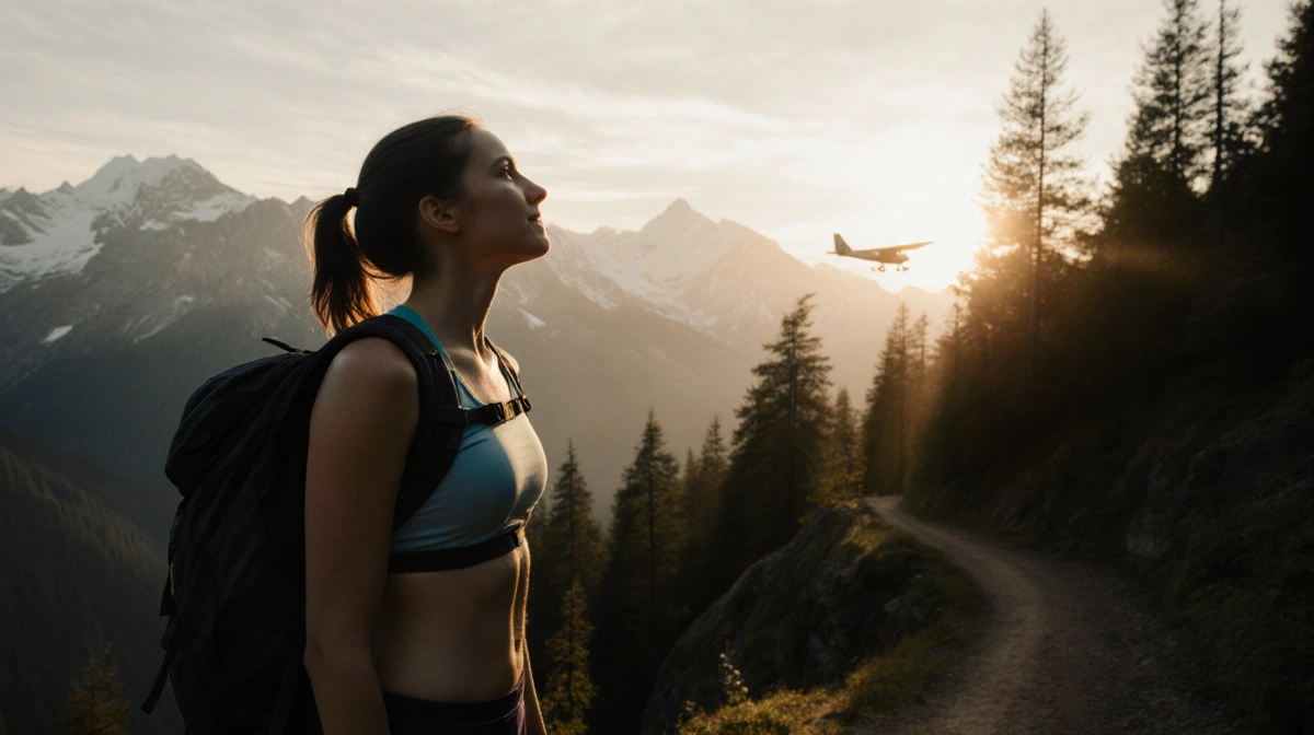 Young woman hiker standing on mountain trail with backpack and watching distant aircraft through trees at sunset