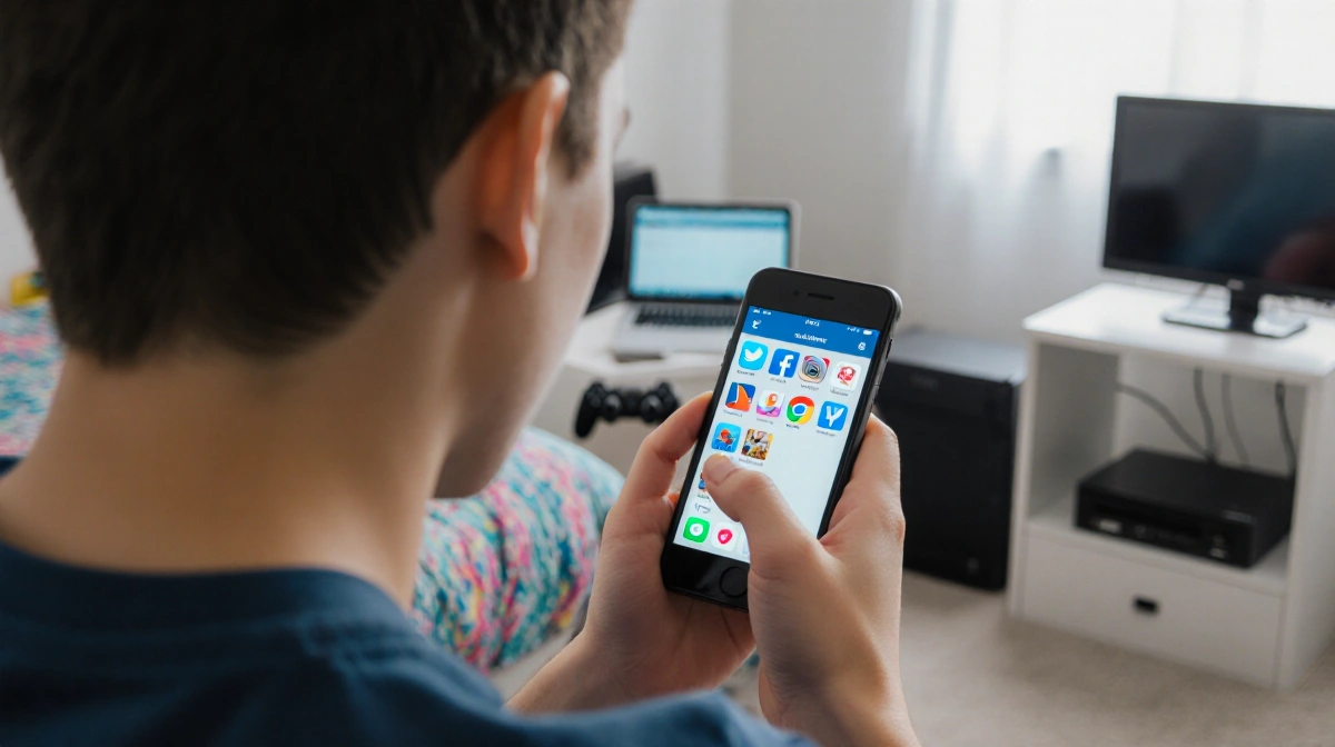 Teenager sits with smartphone showing social media apps and hand covering face with bedroom and gaming consoles behind