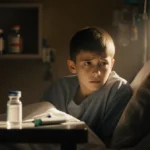 Teenage boy sitting worried in hospital bed with thermometer on table and vaccine vial visible on shelf