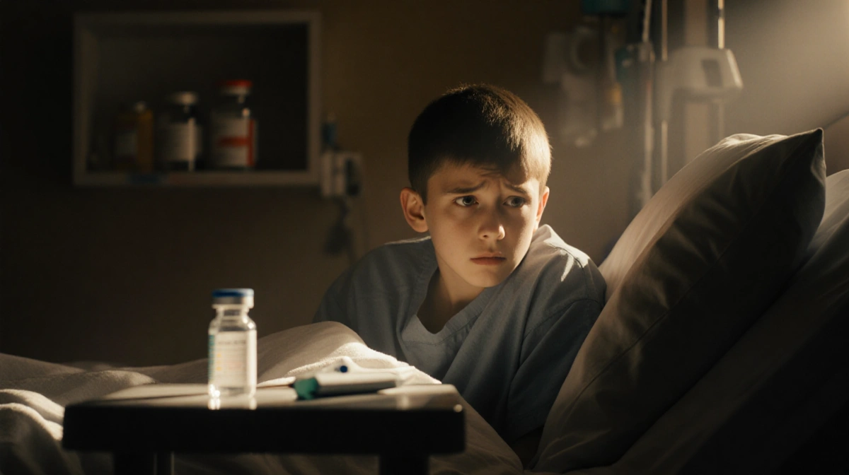 Teenage boy sitting worried in hospital bed with thermometer on table and vaccine vial visible on shelf