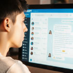 Teen sits at computer with ChatGPT screen and thoughtful expression highlighting digital responsibility.