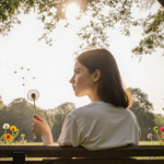 Teenager sits on park bench with dandelion in hand and warm sunlight filtering through trees