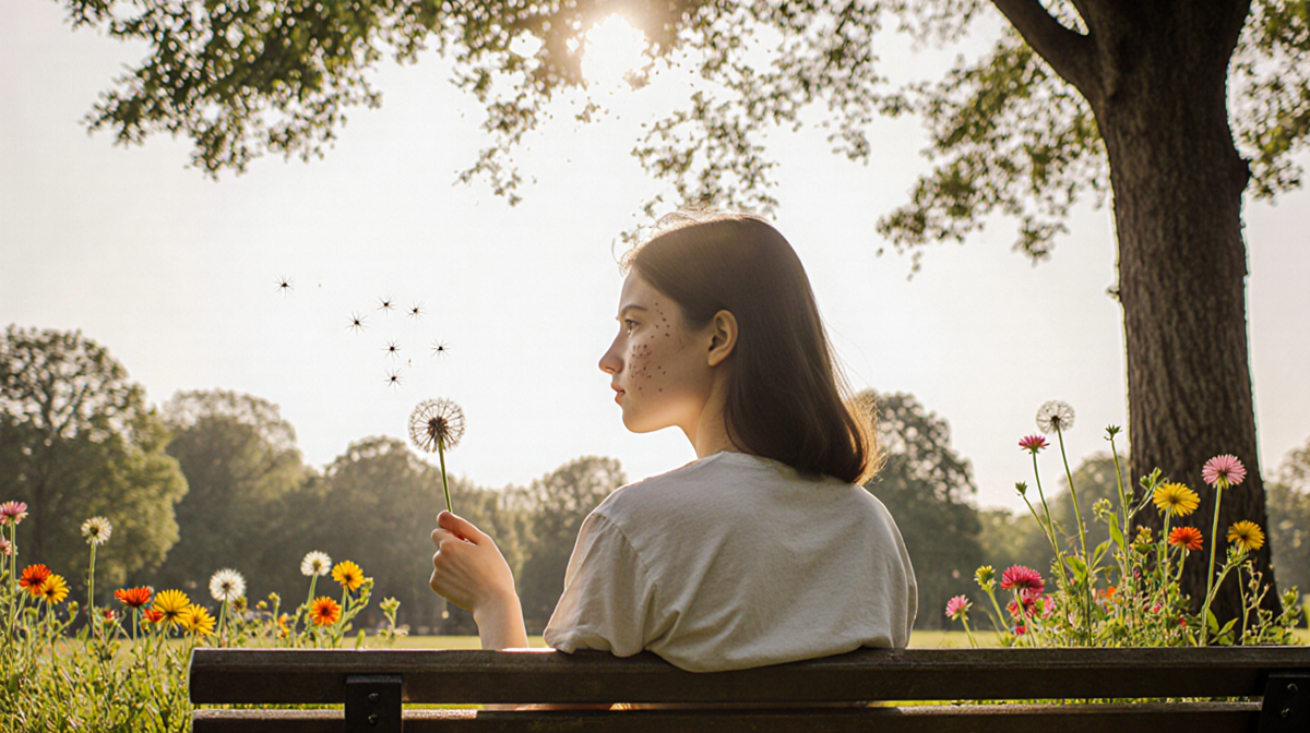Teenager sits on park bench with dandelion in hand and warm sunlight filtering through trees