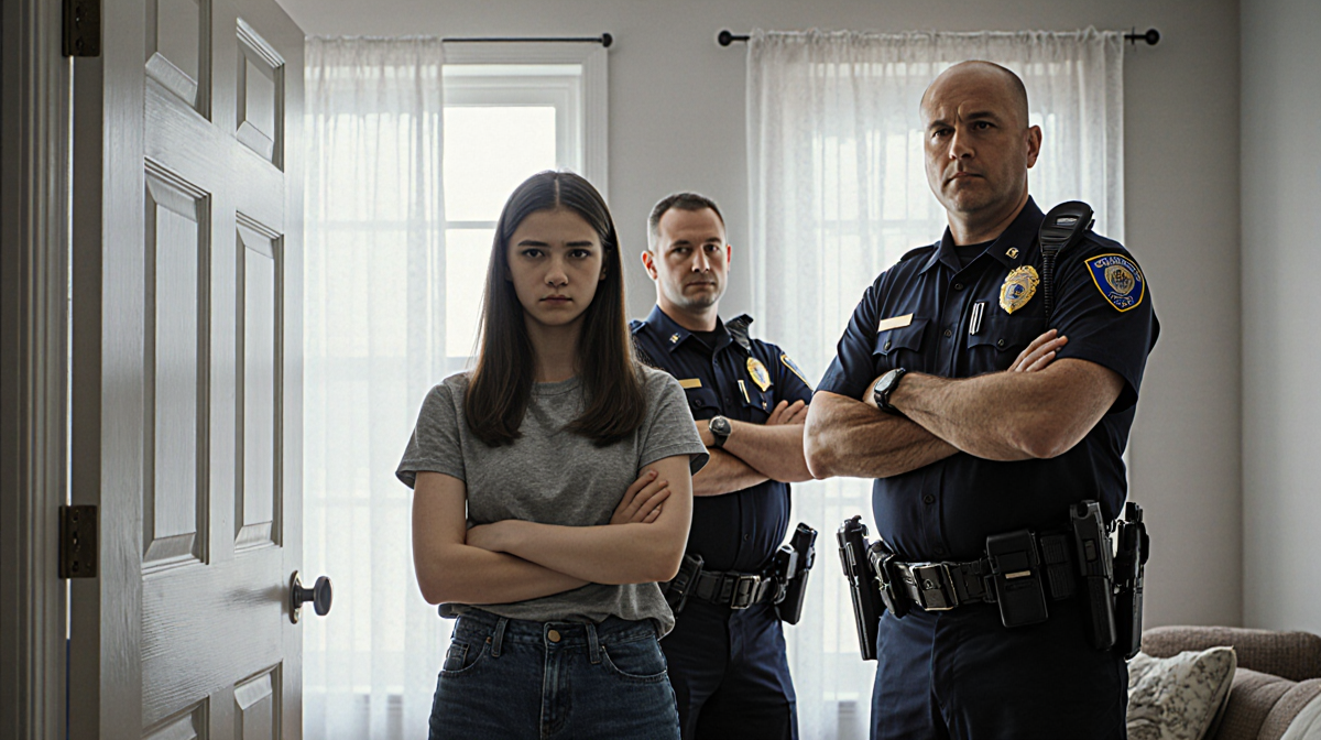 Teenager standing near a secure door with calm police officers and natural light pouring in.