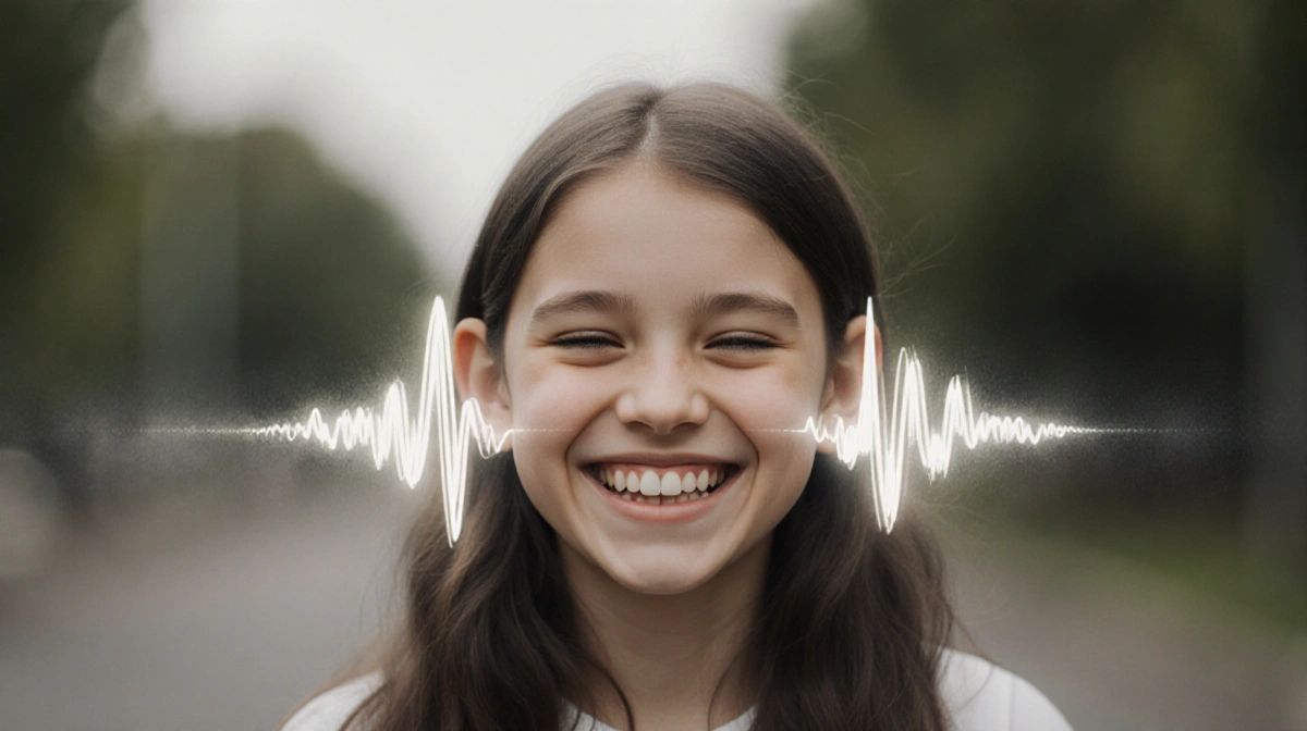 Teenager smiling with sound waves above her head showing clear hearing and joy