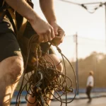 Teenager clutching broken zipline harness with twisted legs and bystanders in trampoline park background