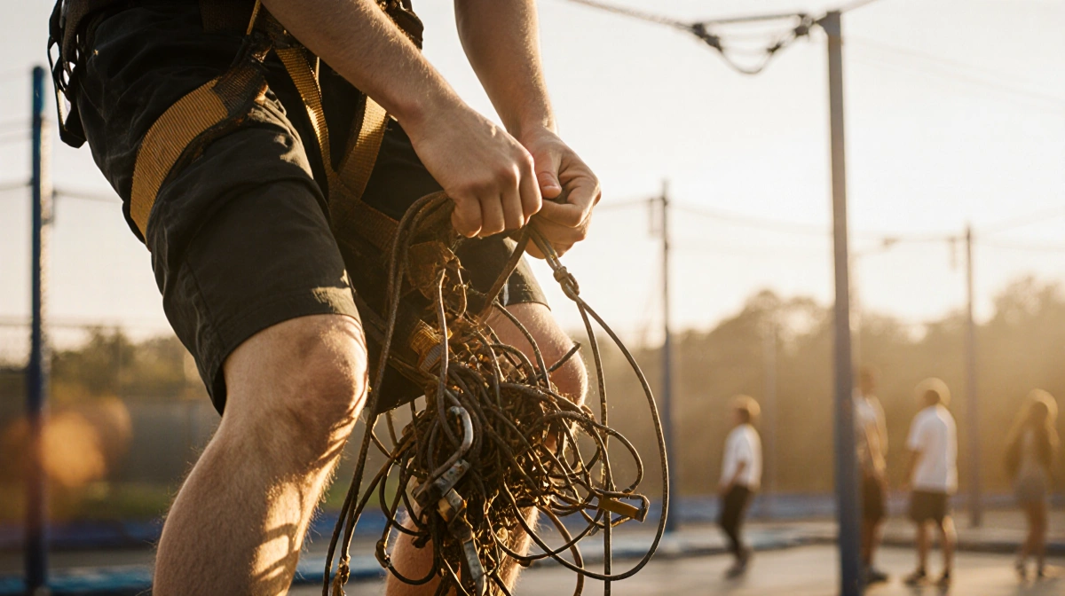 Teenager clutching broken zipline harness with twisted legs and bystanders in trampoline park background