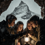 Teenagers huddling in a cave with a flashlight casting golden light and a mountain peak above
