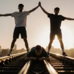 Two teenagers balancing on top of San Diego coaster train with arms outstretched and tracks stretching forward