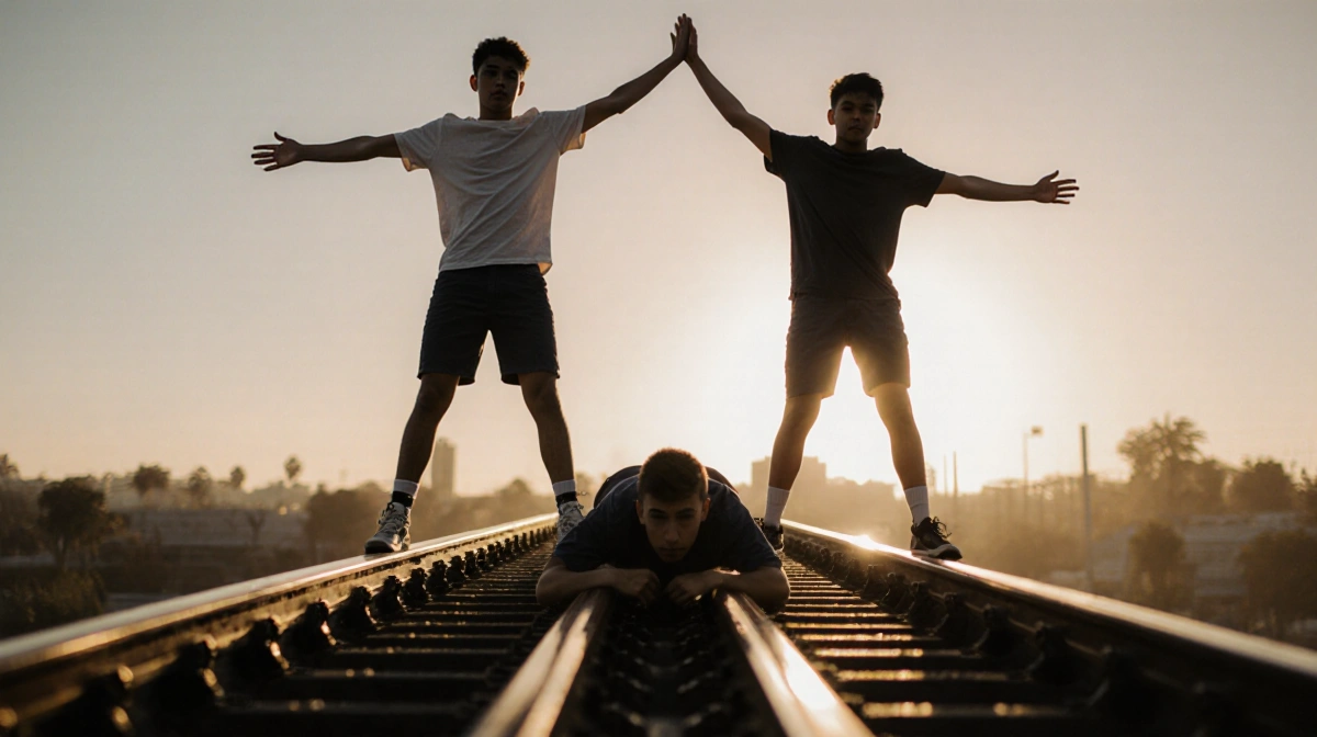Two teenagers balancing on top of San Diego coaster train with arms outstretched and tracks stretching forward