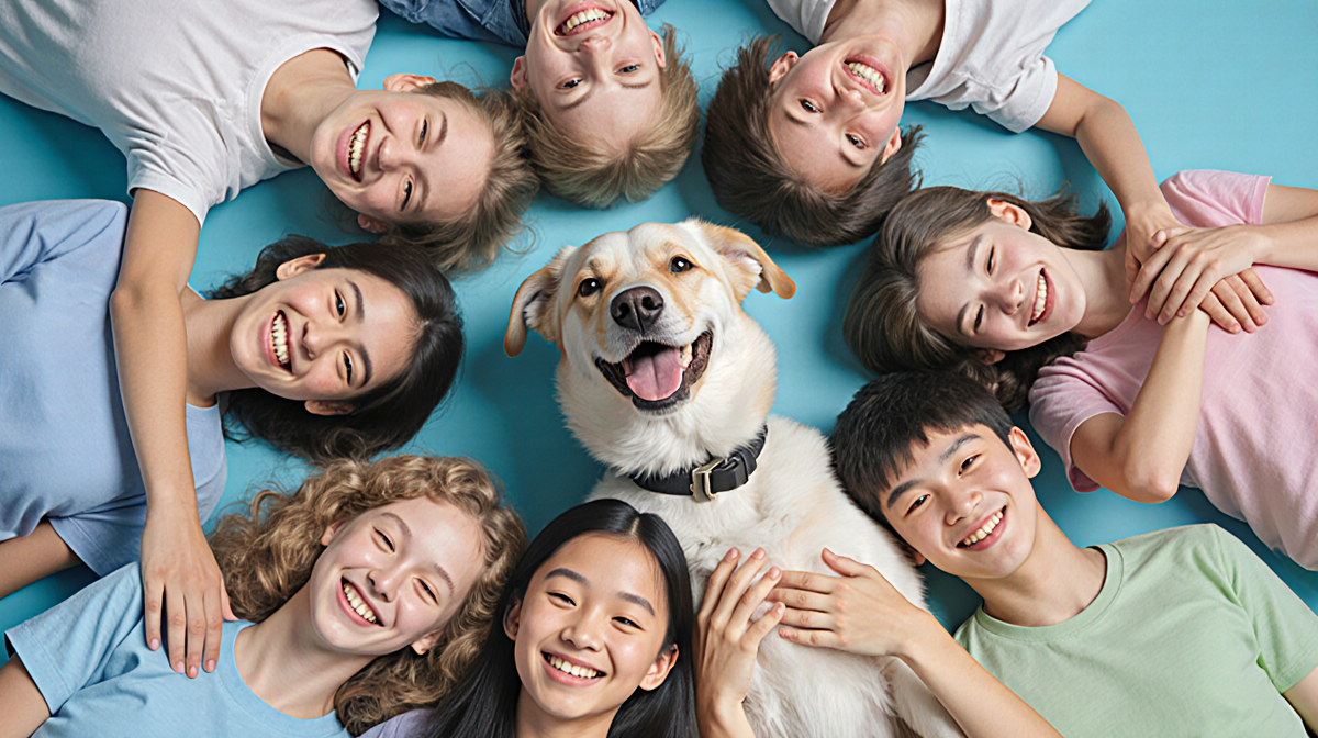 Teenagers gather around a dog with gentle petting and smiling faces showing calm companionship.