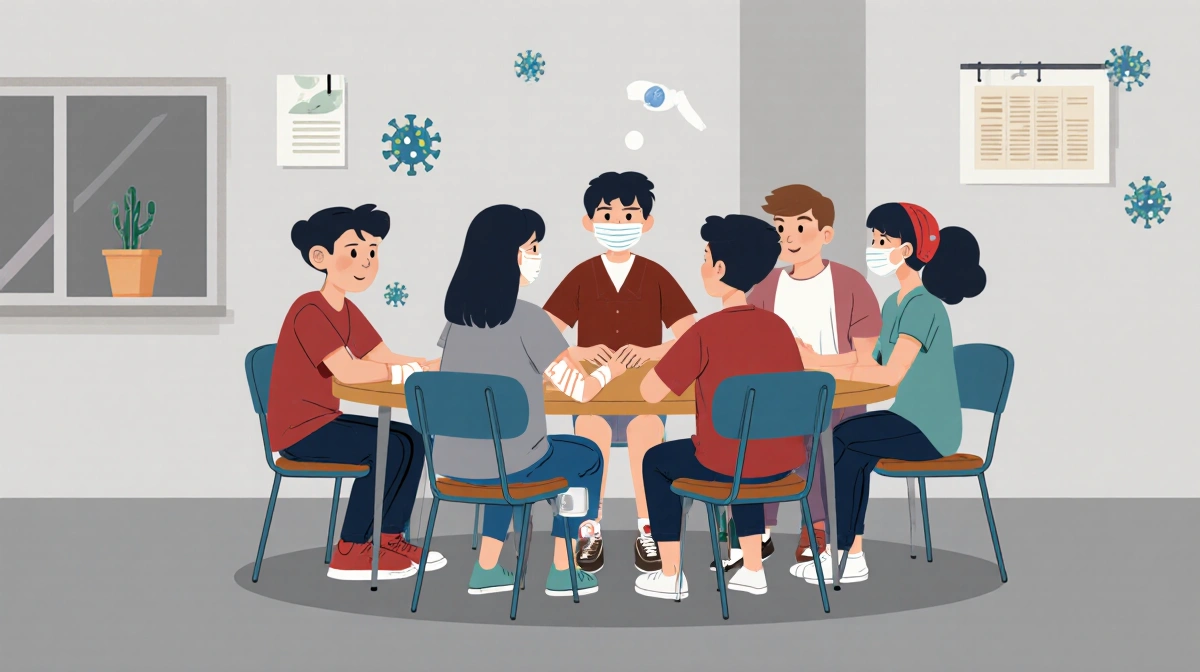 Teenagers socialize in cramped dorm room with one wearing mask and bandaged student showing meningitis risk