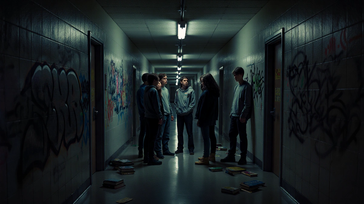 Worried teenagers huddle together in dim school hallway with graffiti and flickering lights as one stands apart