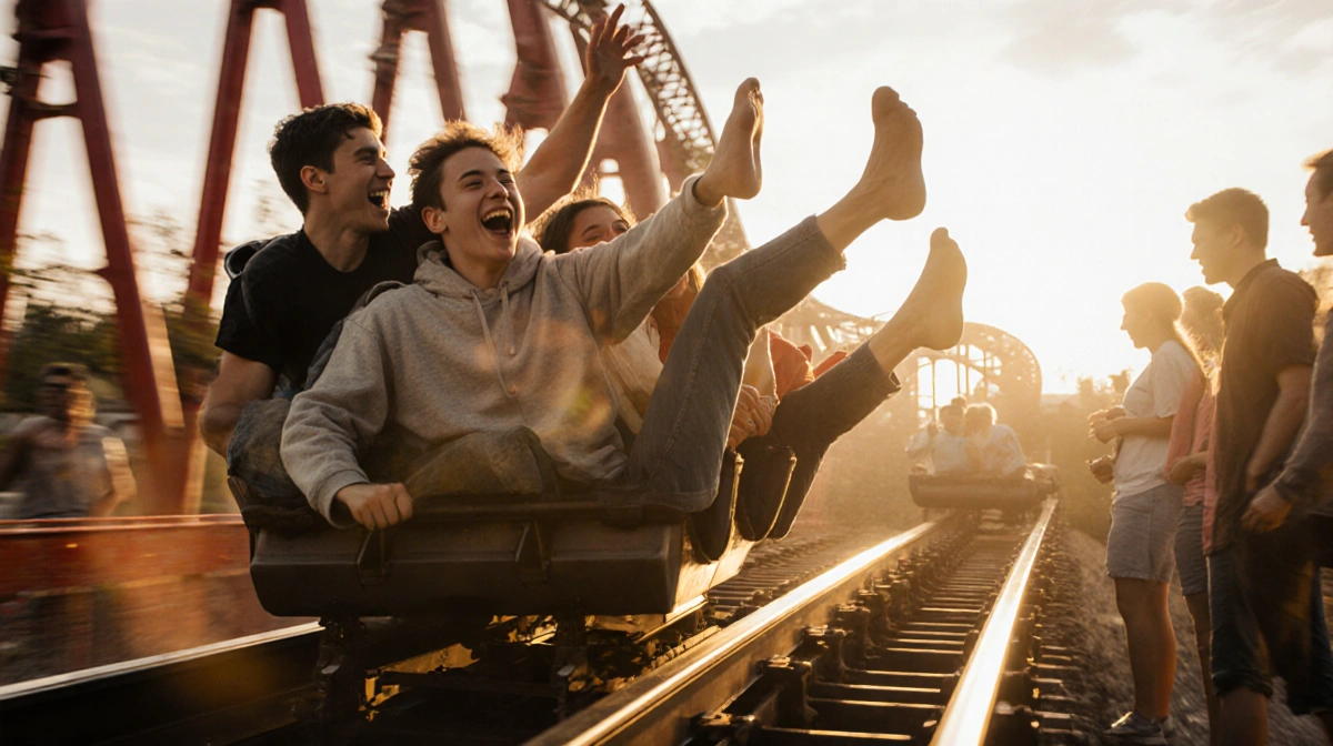 Teenagers surfing roller coaster train with feet dangling and motion blur while laughing with friends watching