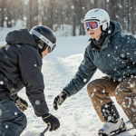 Two teenage skiers falling on snowy slope with bright blue sky and snow-covered trees.