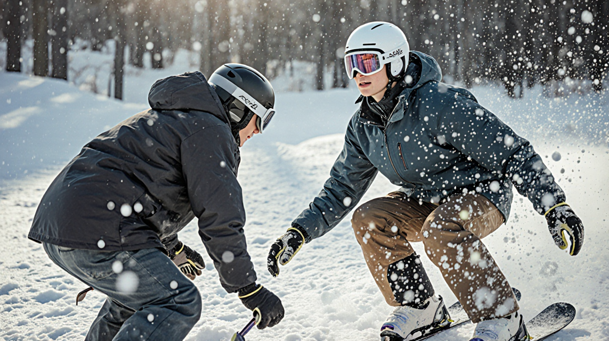 Two teenage skiers falling on snowy slope with bright blue sky and snow-covered trees.