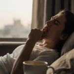 Person clutching jaw in pain with coffee cup and pillow on couch near window