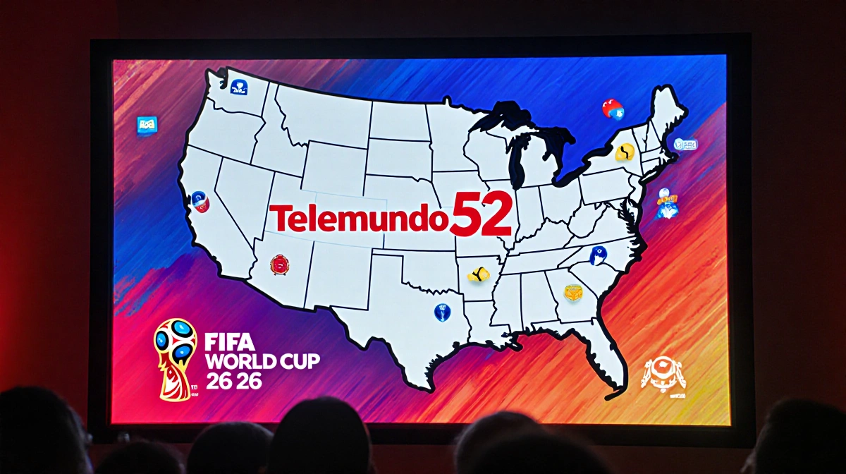 Telemundo 52 logo shines with FIFA World Cup 26 branding and Los Angeles stadium map showing eight host venues