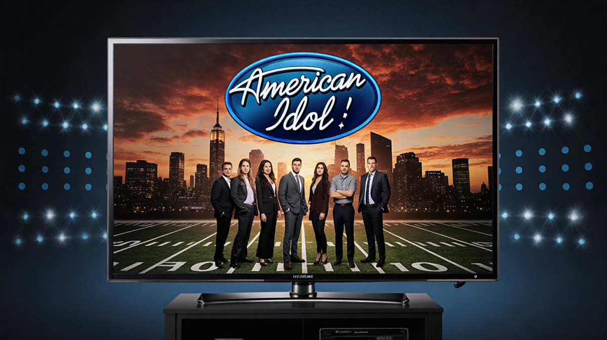 The Rookie cast standing before city skyline at sunset with TV screen showing Monday Night Football and American Idol logo