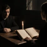 Jackson White sits across from Grace Van Patten with a leather journal open between them and flickering candlelight casting s