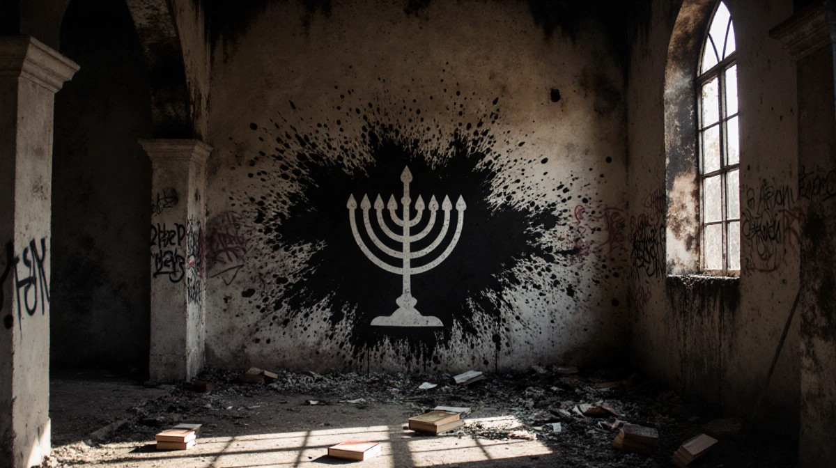 Burnt temple grounds show charred remains with black graffiti wall and erased menorah symbol