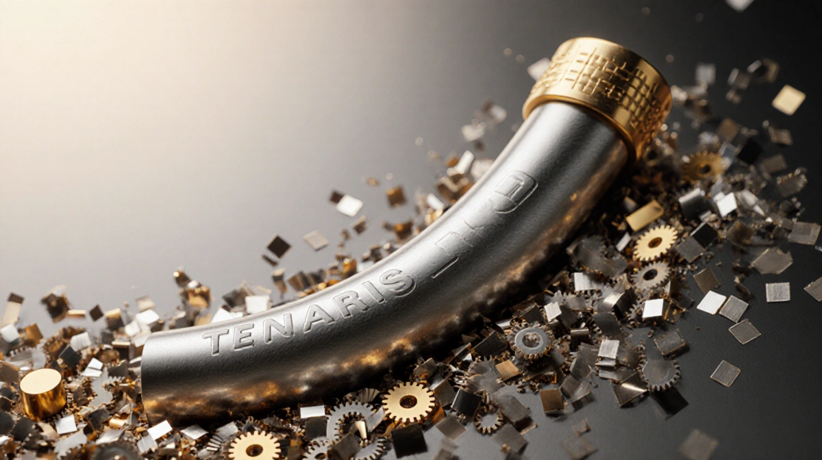 Curved metallic pipe rises upward with golden light and swirling metal shavings showing industrial growth