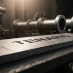 Tenaris steel plate rests on industrial desk with metal pipes and gears showing strength and reliability