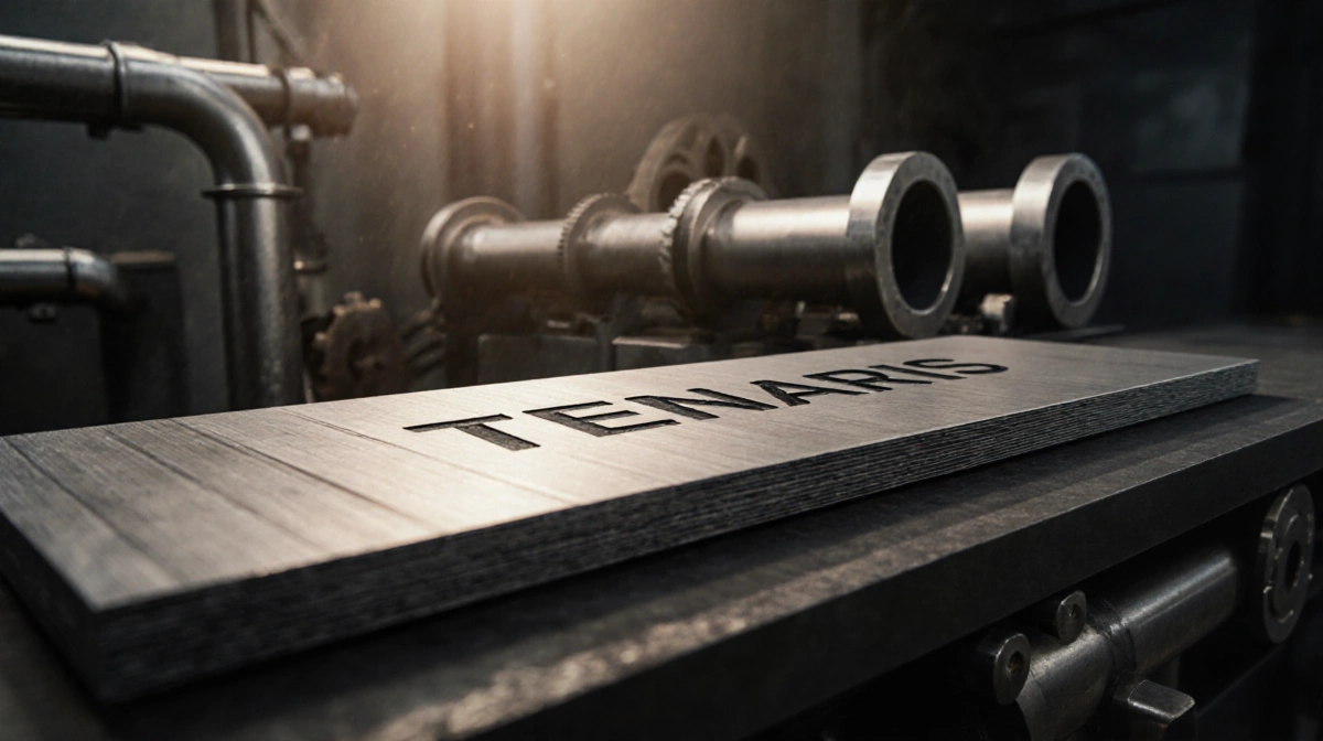 Tenaris steel plate rests on industrial desk with metal pipes and gears showing strength and reliability