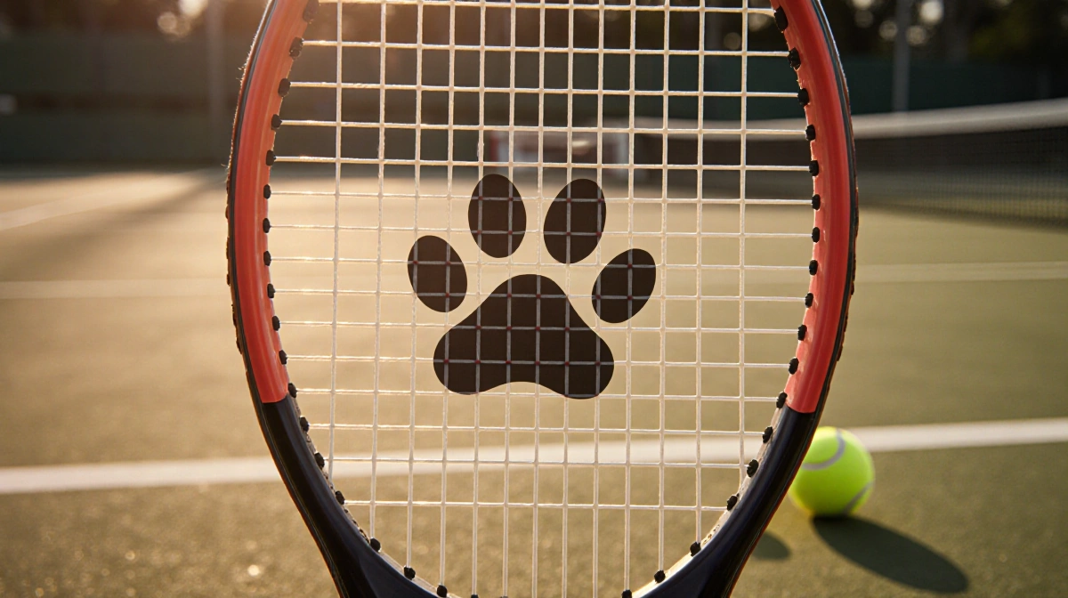 Tennis racket with painted paw print rests on court with tennis balls nearby showing nostalgic pet tribute