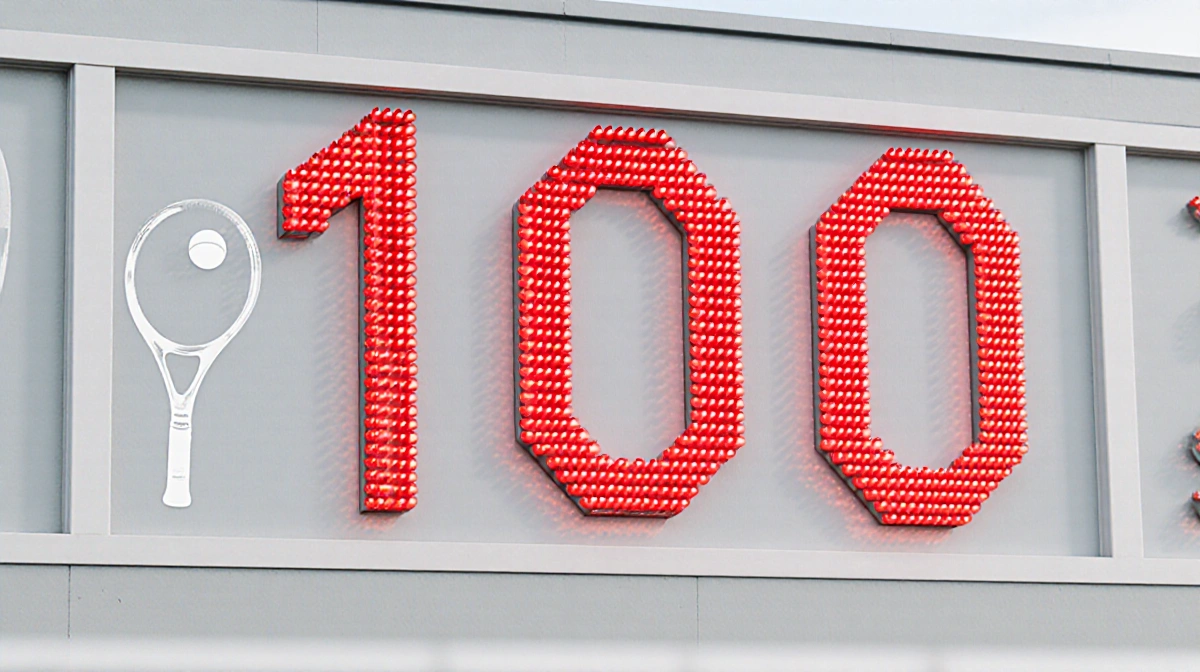Tennis scoreboard showing 100 with red numbers and faint racket silhouette