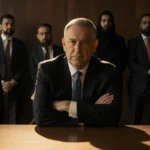 Minister stares sternly across the table with tense officials and Palestinian delegates in dim conference room