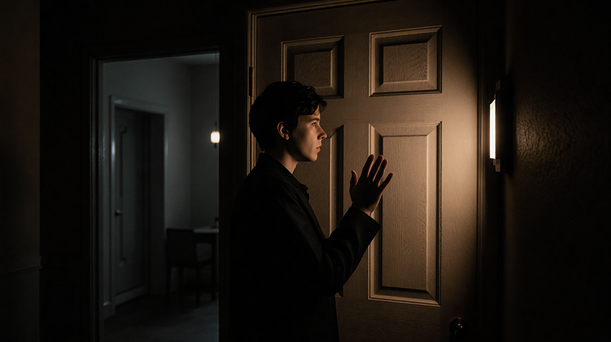 Figure raising hand in front of closed door with dim hallway and warm glow casting shadows