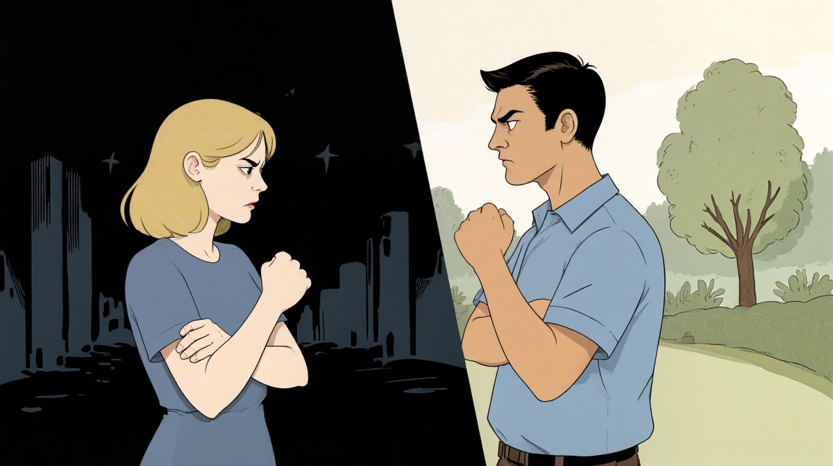 Two people facing each other with clenched fists and tense expressions showing years of conflict while peaceful scene appears