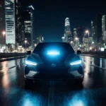Sleek futuristic car drives at night with a glowing terahertz sensor lighting the road and neon city lights on wet pavement.