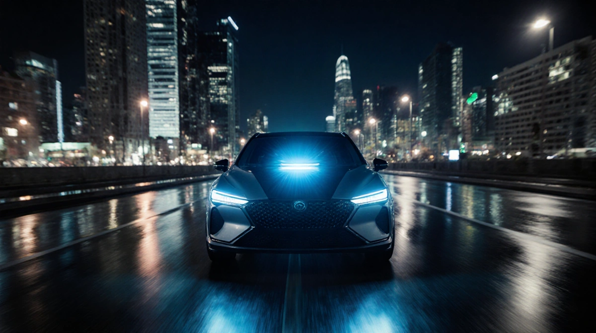 Sleek futuristic car drives at night with a glowing terahertz sensor lighting the road and neon city lights on wet pavement.