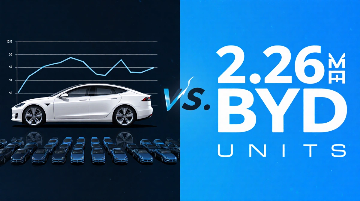 Tesla car shown with fewer models and an EV sales decline beside a bright BYD logo displaying 2.26 million units
