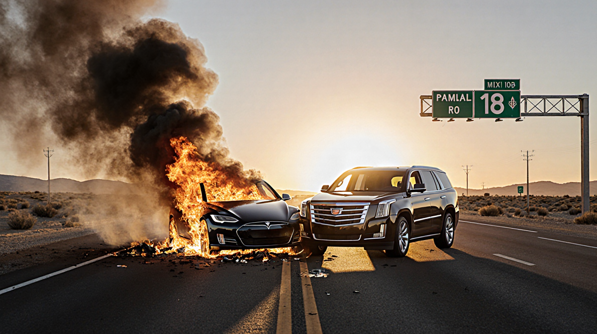 Tesla sedan colliding with Cadillac SUV with flames and smoke billowing and dawn light casting a golden glow.
